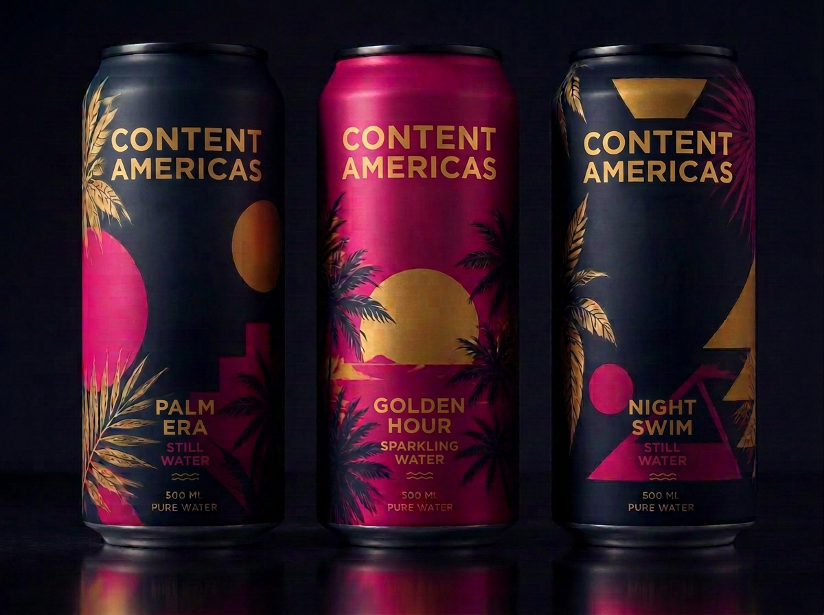 Three collectible cans with magenta, gold and deep ink artwork